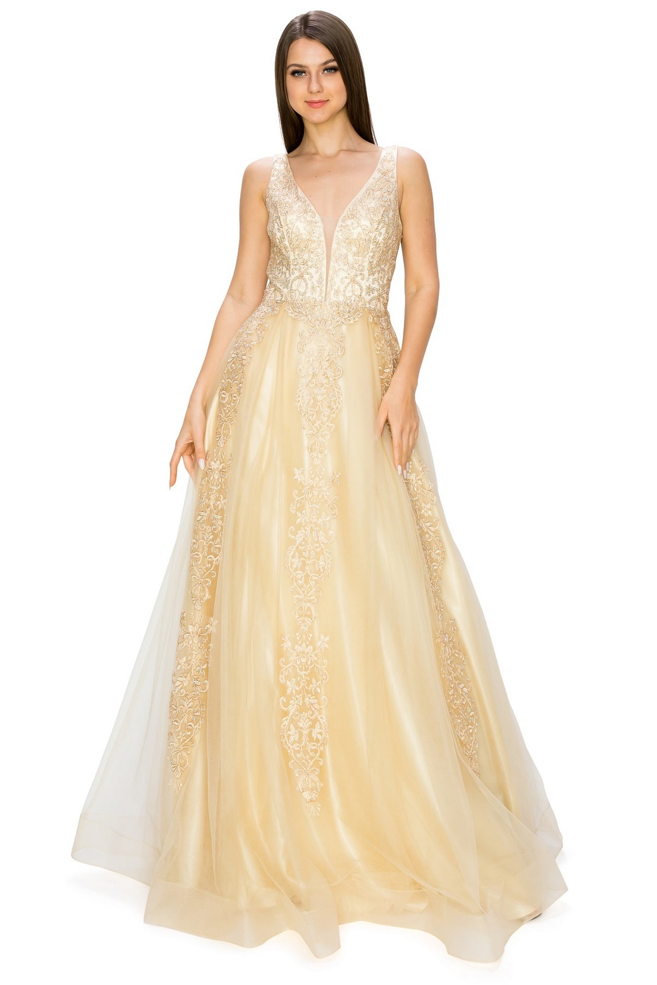 A woman models the A-Line Gold-Embroidered Long Prom Ball Gown 8029J—a sleeveless, floor-length champagne dress with lace detailing and a deep V neckline, combining elegance and affordability for special occasions.